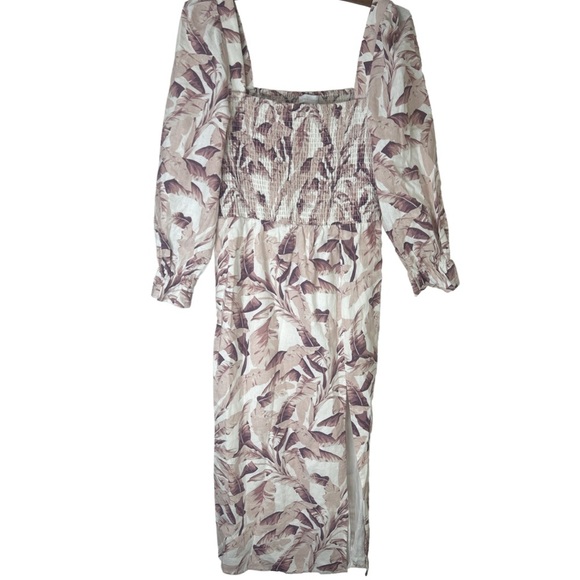 House of Harlow 1960 Linen Smocked Pink Palm Midi Dress Bishop Sleeve Medium - Picture 2 of 16